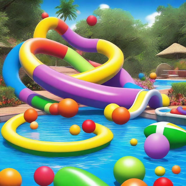 A colorful image of a swimming pool with a water slide and vibrant, multicolored balls floating on the water