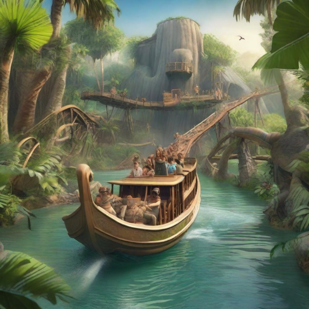 An exciting image of a Jungle Cruise-themed roller coaster