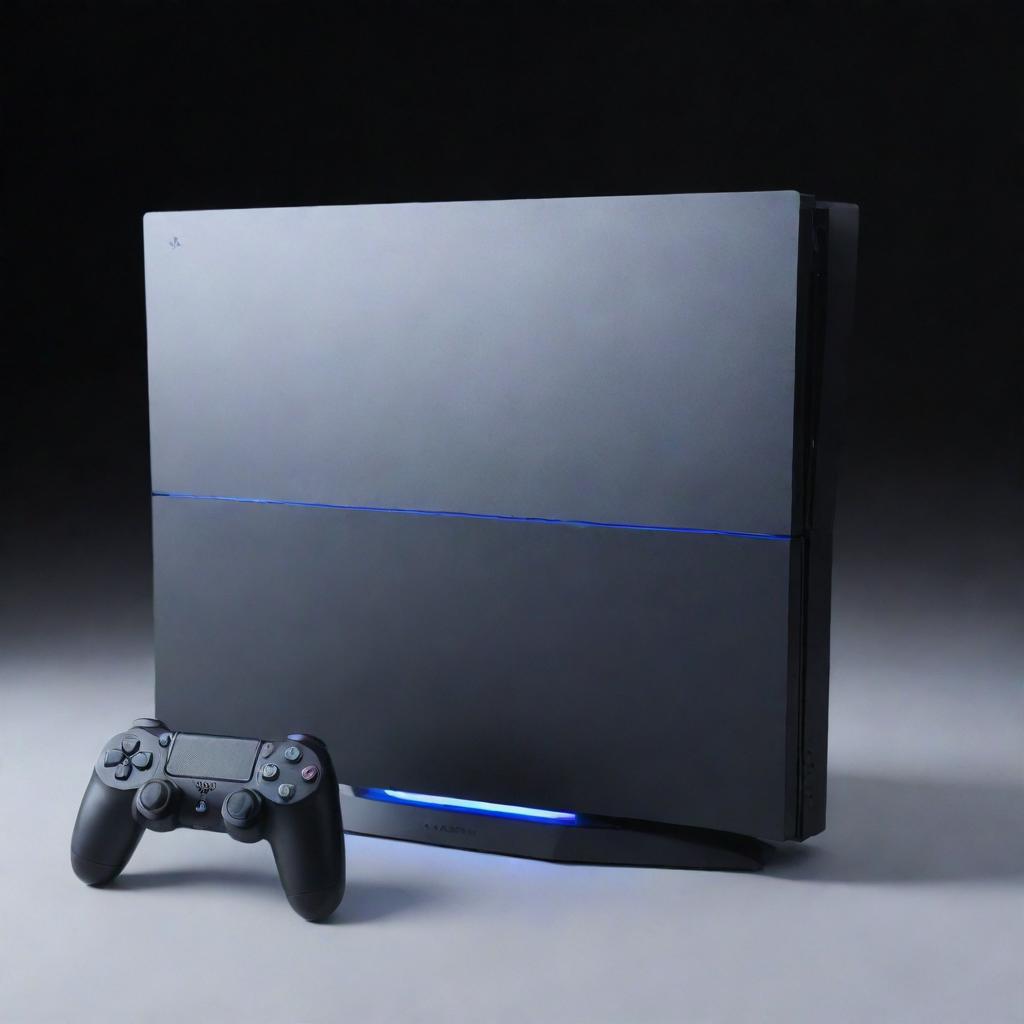 A futuristic PlayStation 8, presenting advances in gaming technology beyond imagination with AI-driven interactive gameplay, virtually nonexistent load times, and a design so streamlined it perfectly merges with its surroundings.