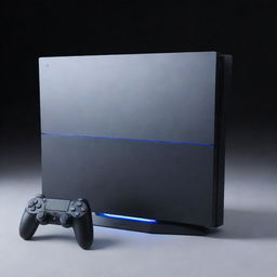 A futuristic PlayStation 8, presenting advances in gaming technology beyond imagination with AI-driven interactive gameplay, virtually nonexistent load times, and a design so streamlined it perfectly merges with its surroundings.