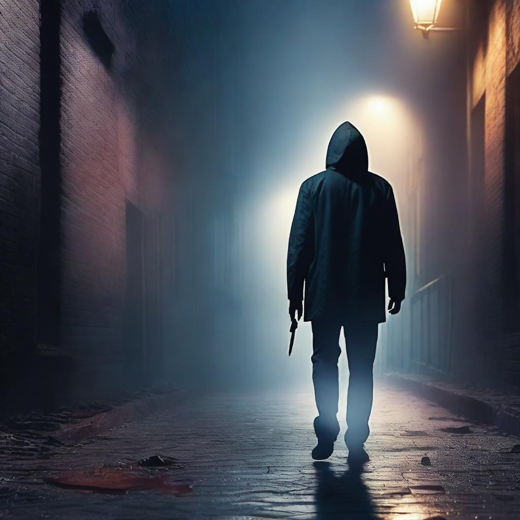 Create a suspenseful murder novel cover featuring a dark, misty alleyway with a shadowy figure in the background