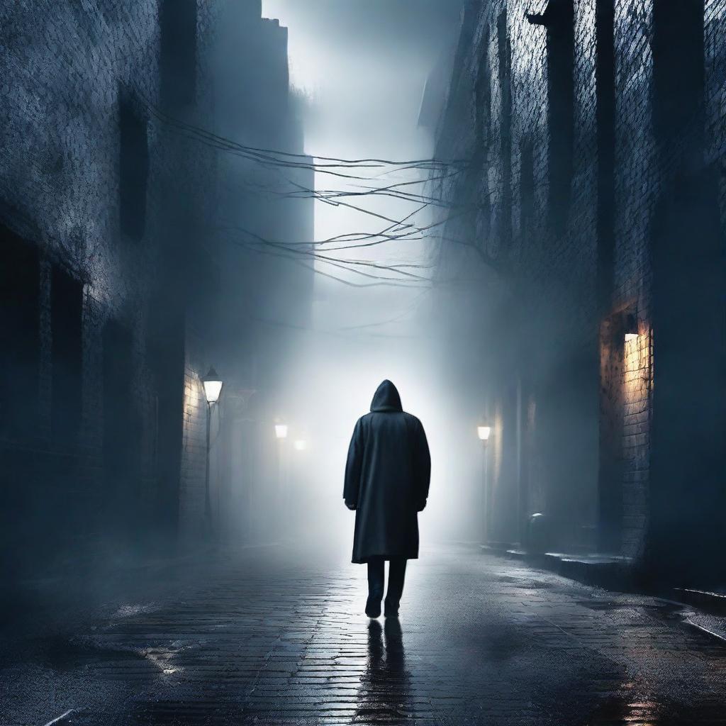 Create a suspenseful murder novel cover featuring a dark, misty alleyway with a shadowy figure in the background