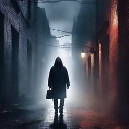 Create a suspenseful murder novel cover featuring a dark, misty alleyway with a shadowy figure in the background