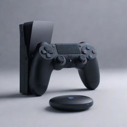 A futuristic PlayStation 8, presenting advances in gaming technology beyond imagination with AI-driven interactive gameplay, virtually nonexistent load times, and a design so streamlined it perfectly merges with its surroundings.