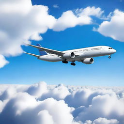 A detailed image of a commercial airliner in flight, soaring through a clear blue sky with fluffy white clouds