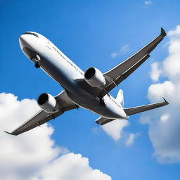 A detailed image of a commercial airliner in flight, soaring through a clear blue sky with fluffy white clouds