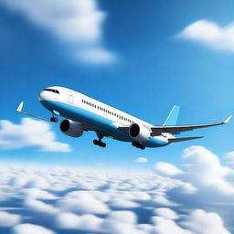 A detailed image of a commercial airliner in flight, soaring through a clear blue sky with fluffy white clouds