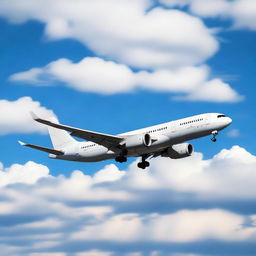 A detailed image of a commercial airliner in flight, soaring through a clear blue sky with fluffy white clouds