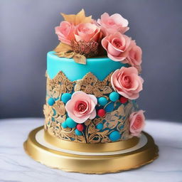 A beautiful and intricate cake design, featuring elegant decorations, vibrant colors, and a celebratory theme