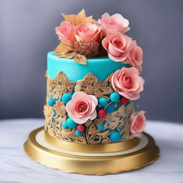 A beautiful and intricate cake design, featuring elegant decorations, vibrant colors, and a celebratory theme