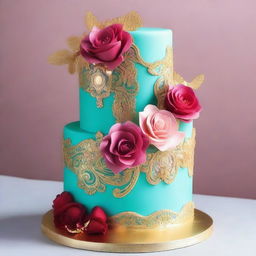 A beautiful and intricate cake design, featuring elegant decorations, vibrant colors, and a celebratory theme