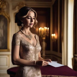 A rich, beautiful woman standing in an opulent room, looking betrayed and heartbroken