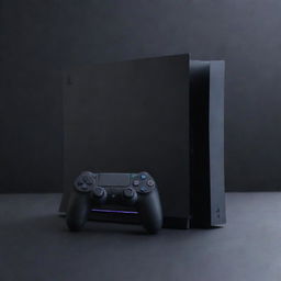 A futuristic PlayStation 8, presenting advances in gaming technology beyond imagination with AI-driven interactive gameplay, virtually nonexistent load times, and a design so streamlined it perfectly merges with its surroundings.