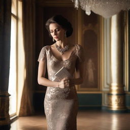 A rich, beautiful woman standing in an opulent room, looking betrayed and heartbroken