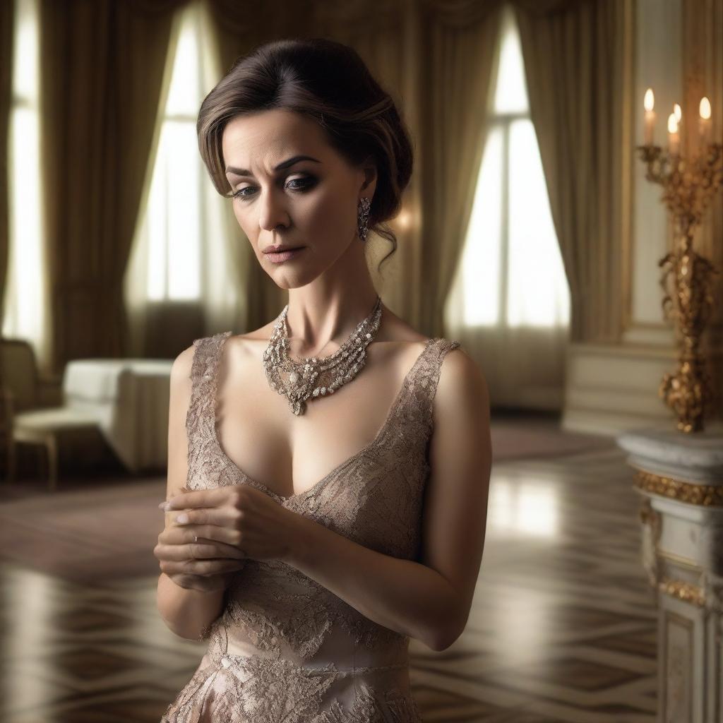 A rich, beautiful woman standing in an opulent room, looking betrayed and heartbroken