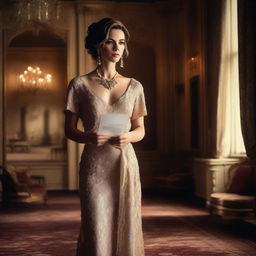 A rich, beautiful woman standing in an opulent room, looking betrayed and heartbroken