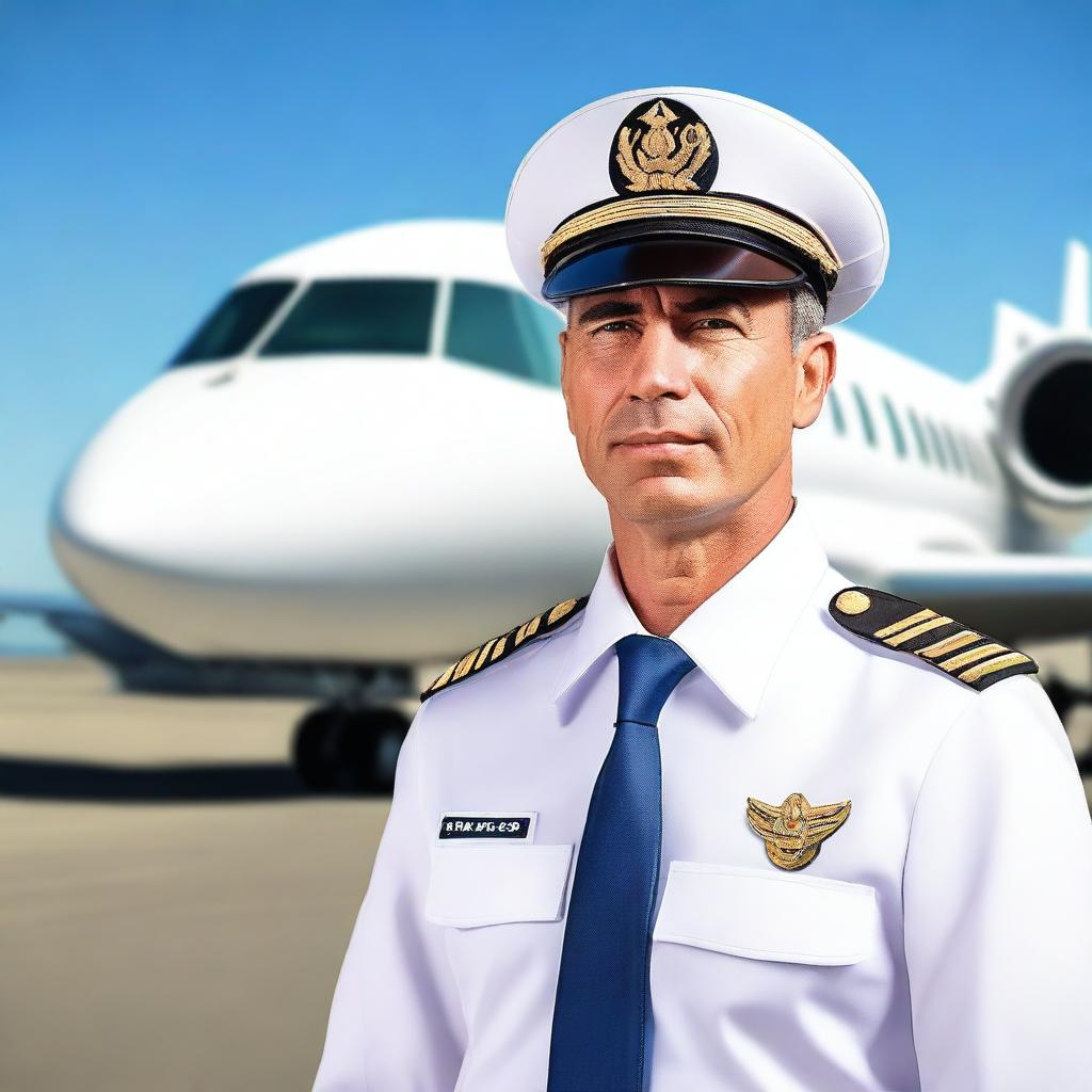 A professional airline pilot standing confidently in front of a modern commercial airplane