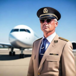 A professional airline pilot standing confidently in front of a modern commercial airplane