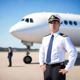 A professional airline pilot standing confidently in front of a modern commercial airplane