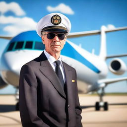 A professional airline pilot standing confidently in front of a modern commercial airplane