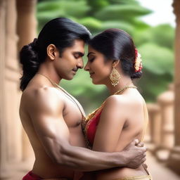 An Indian couple in a very sexy pose, showcasing their cultural attire in a passionate and intimate moment