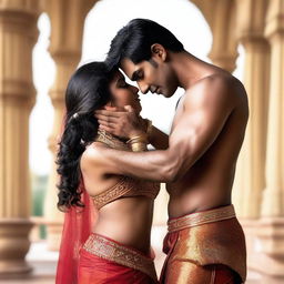 An Indian couple in a very sexy pose, showcasing their cultural attire in a passionate and intimate moment