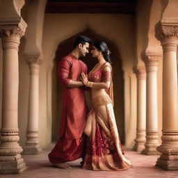 An Indian couple in a very sexy pose, showcasing their cultural attire in a passionate and intimate moment