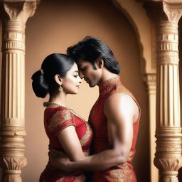 An Indian couple in a very sexy pose, showcasing their cultural attire in a passionate and intimate moment