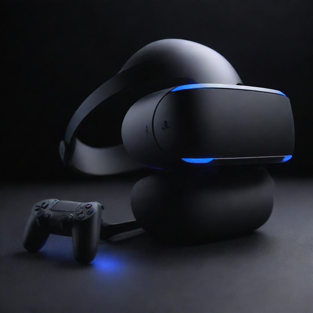 A vision of PlayStation 9, representing the pinnacle of gaming evolution with full-sensory virtual reality immersion, quantum-entanglement powered processing, and a design that represents harmonious coexistence of technology and nature.