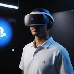 A vision of PlayStation 9, representing the pinnacle of gaming evolution with full-sensory virtual reality immersion, quantum-entanglement powered processing, and a design that represents harmonious coexistence of technology and nature.