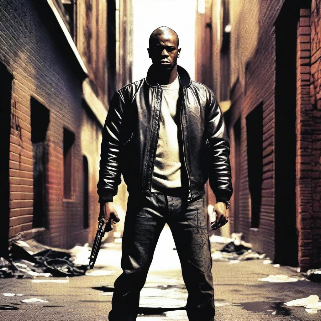 A tough-looking thug holding a pistol, standing in a dimly lit alleyway