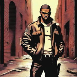 A tough-looking thug holding a pistol, standing in a dimly lit alleyway