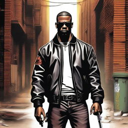 A tough-looking thug holding a pistol, standing in a dimly lit alleyway