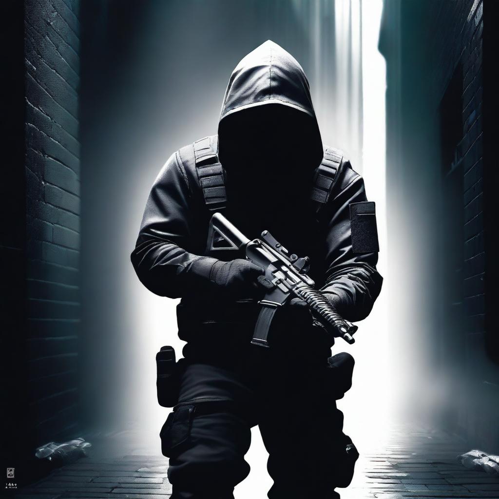 A white assassin dressed in sleek, tactical gear, holding a pistol with a silencer