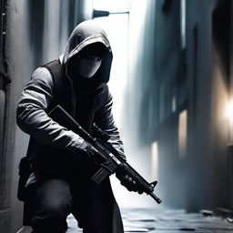 A white assassin dressed in sleek, tactical gear, holding a pistol with a silencer