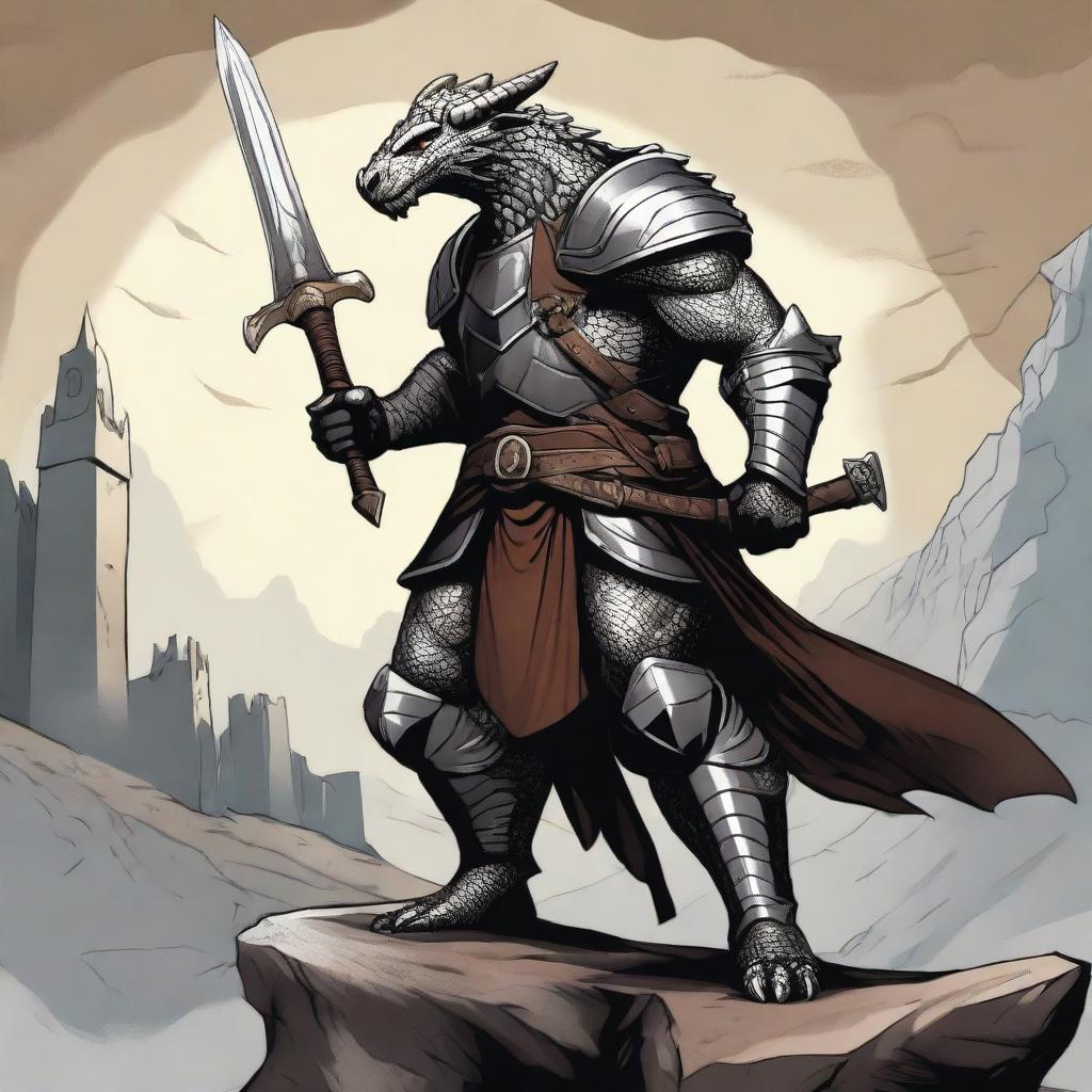 A detailed illustration of a Dragonborn fighter standing in a heroic pose