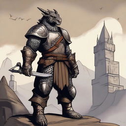 A detailed illustration of a Dragonborn fighter standing in a heroic pose