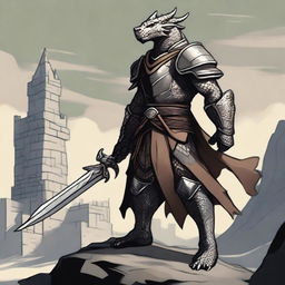 A detailed illustration of a Dragonborn fighter standing in a heroic pose