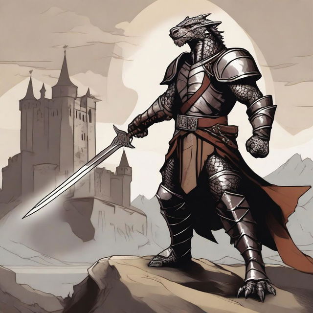 A detailed illustration of a Dragonborn fighter standing in a heroic pose