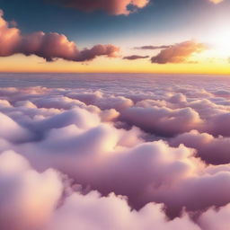 A serene and majestic scene of flying above the clouds, with the sun setting in the background, casting a golden and pink hue over the fluffy clouds