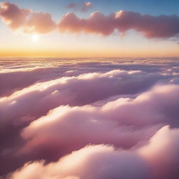 A serene and majestic scene of flying above the clouds, with the sun setting in the background, casting a golden and pink hue over the fluffy clouds