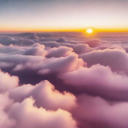 A serene and majestic scene of flying above the clouds, with the sun setting in the background, casting a golden and pink hue over the fluffy clouds