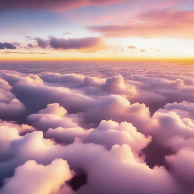 A serene and majestic scene of flying above the clouds, with the sun setting in the background, casting a golden and pink hue over the fluffy clouds