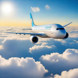 A large commercial airliner flying high above the clouds, with a clear blue sky in the background