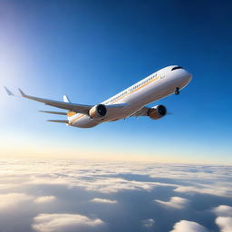 A large commercial airliner flying high above the clouds, with a clear blue sky in the background