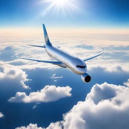 A large commercial airliner flying high above the clouds, with a clear blue sky in the background