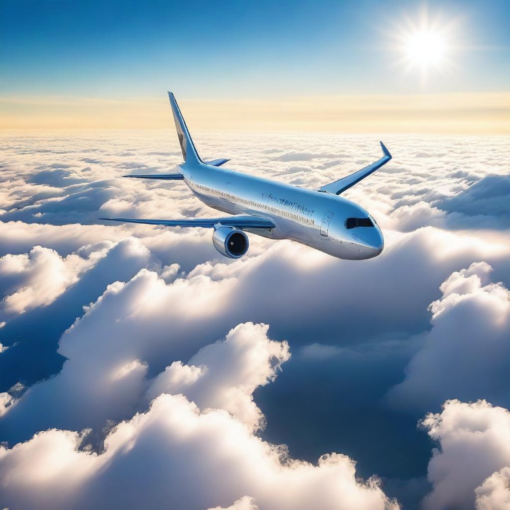 A large commercial airliner flying high above the clouds, with a clear blue sky in the background