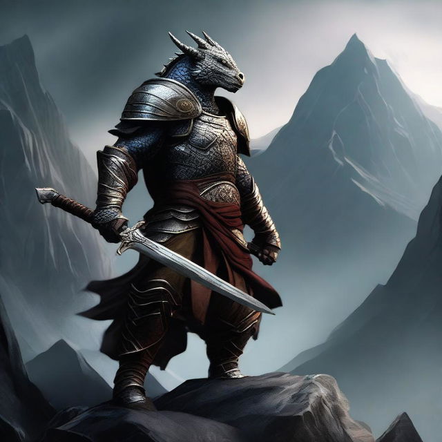 A Dragonborn warrior wielding a greatsword, standing in a heroic pose