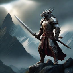 A Dragonborn warrior wielding a greatsword, standing in a heroic pose