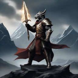 A Dragonborn warrior wielding a greatsword, standing in a heroic pose